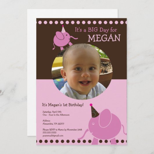 象のカスタム写真誕生会の招待 招待状 (正面/裏面)