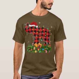象のクリスマスライトバッファロープレイドサンタゾウ Tシャツ