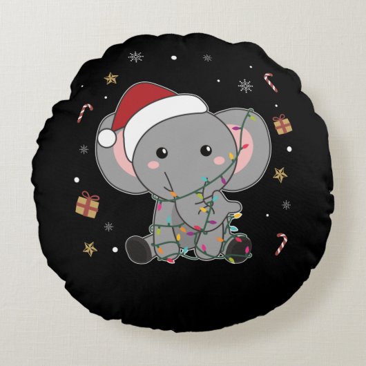 象のクリスマス雪の冬の動物A ラウンドクッション (正面)