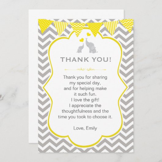 象のサンキューカードのノートの黄色の灰色シェブロン サンキューカード (正面/裏面)