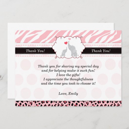 象のサンキューカードのピンクの黒のシマウマ サンキューカード (正面/裏面)