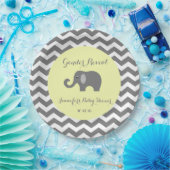 象のシェブロンのベビーシャワーのプレート: 性は明らかにします ペーパープレート (パーティー)