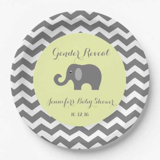 象のシェブロンのベビーシャワーのプレート: 性は明らかにします ペーパープレート (正面)