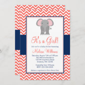 象のシェブロンコーラルネイビーブルーガールベビーシャワー 招待状 (正面/裏面)