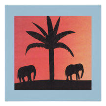 象のシルエットと手のひらのポスター