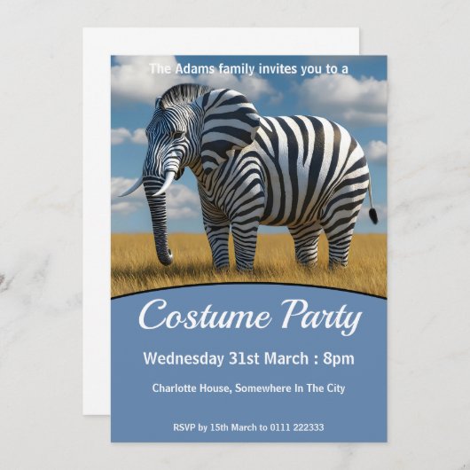 象のゼブラ変装コスチュームパーティー 招待状 (正面/裏面)