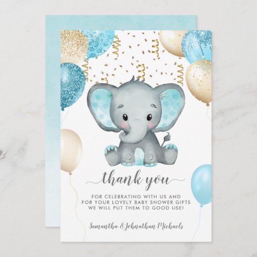 象のターキオース風船赤ちゃんシャワーありがとう サンキューカード (正面/裏面)