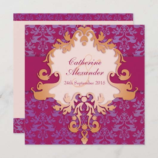 象のダマスク織の赤い金結婚式の正方形の招待 招待状 (正面/裏面)