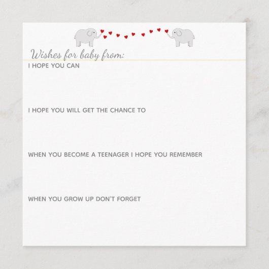 象のテーマ男女兼用ベビーシャワー アドバイスカード (正面)