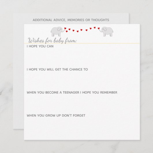 象のテーマ男女兼用ベビーシャワー アドバイスカード (正面/裏面)