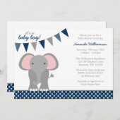 象のネイビーポルカドットバナー男子ベイビーシャワー 招待状 (正面/裏面)