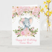 象のバースデー・カードのピンクおよび金ゴールドの花柄 カード (黄色い花)