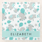象のパターン，かわいい象，あなたの名前 ガラスコースター (正面)