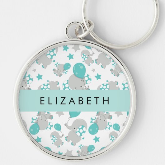 象のパターン，かわいい象，あなたの名前 キーホルダー (正面)