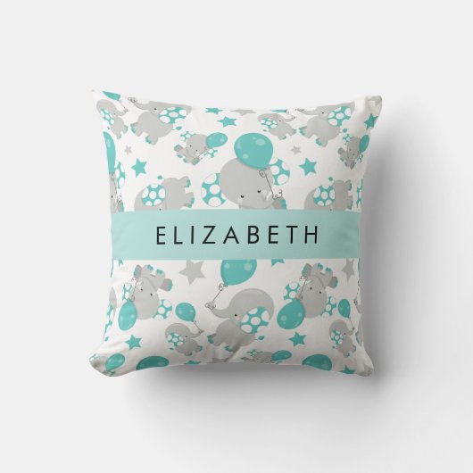 象のパターン,かわいい象,あなたの名前 クッション (正面)