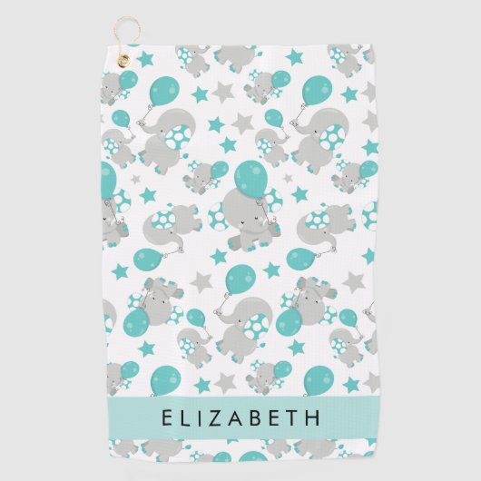 象のパターン，かわいい象，あなたの名前 ゴルフタオル (正面)
