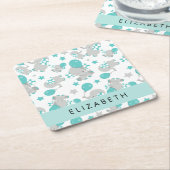 象のパターン，かわいい象，あなたの名前 スクエアペーパーコースター (アングル)