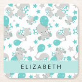象のパターン，かわいい象，あなたの名前 スクエアペーパーコースター (正面)