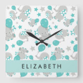 象のパターン,かわいい象,あなたの名前 スクエア壁時計 (正面)