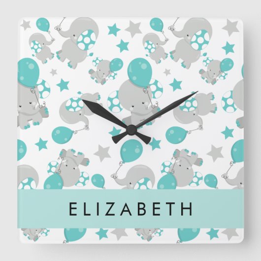 象のパターン,かわいい象,あなたの名前 スクエア壁時計 (正面)