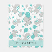 象のパターン，かわいい象，あなたの名前 フリースブランケット (正面)