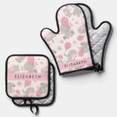 象のパターン，かわいい象，あなたの名前 鍋つかみ&鍋敷きセット (正面/裏面)