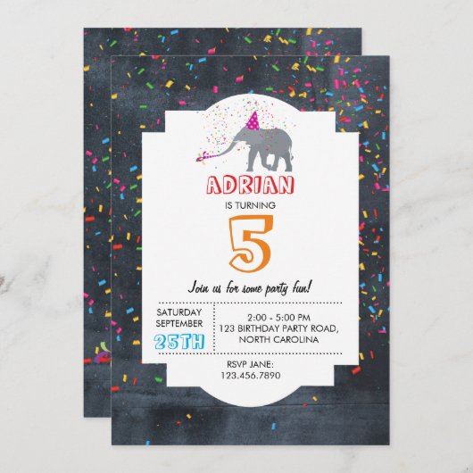 象のパーティー – 動物の誕生日パーティーボーイガール 招待状 (正面/裏面)