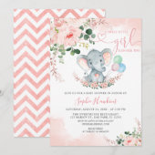 象のピンクのプレシャスガールベビーシャワー 招待状 (正面/裏面)