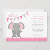 象のピンクの水玉模様の旗の女の子のベビーシャワー 招待状 (正面)
