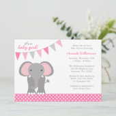 象のピンクの水玉模様の旗の女の子のベビーシャワー 招待状 (スタンド正面)