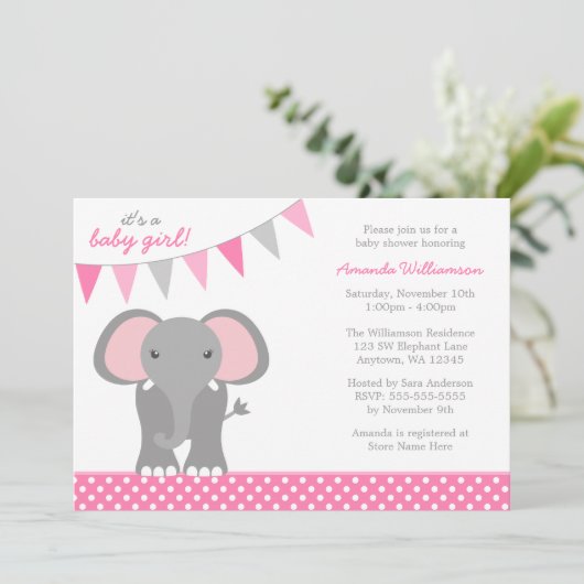 象のピンクの水玉模様の旗の女の子のベビーシャワー 招待状 (スタンド正面)