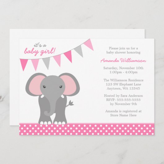 象のピンクの水玉模様の旗の女の子のベビーシャワー 招待状 (正面/裏面)