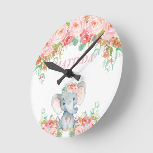 象のピンクの花柄の子供の子供部屋の寝室の装飾 ラウンド壁時計 (傾斜)