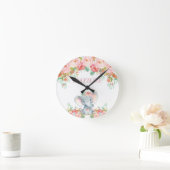 象のピンクの花柄の子供の子供部屋の寝室の装飾 ラウンド壁時計 (ホーム)
