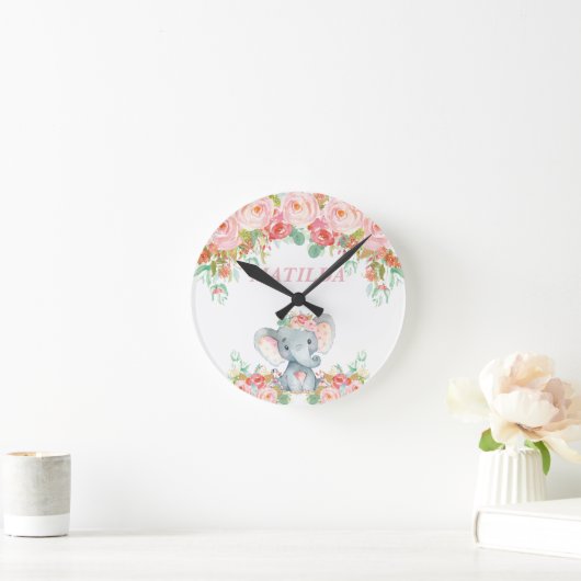 象のピンクの花柄の子供の子供部屋の寝室の装飾 ラウンド壁時計 (ホーム)