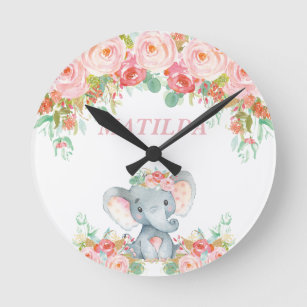 象のピンクの花柄の子供の子供部屋の寝室の装飾 ラウンド壁時計
