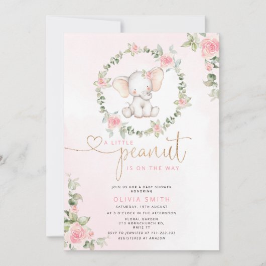 象のフローラ女の子の赤ちゃんシャワー 招待状 (正面)