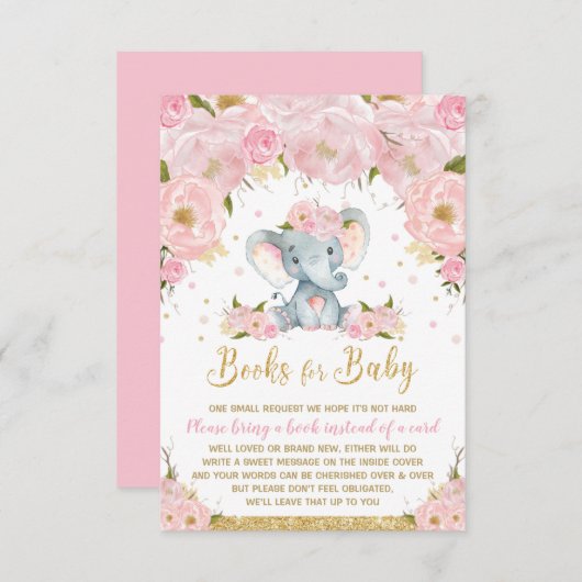 象のフローラ赤ちゃんシャワーが本の赤ちゃん女の子をもたらす エンクロージャーカード (正面/裏面)