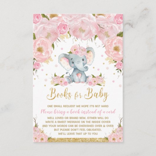 象のフローラ赤ちゃんシャワーが本の赤ちゃん女の子をもたらす エンクロージャーカード (正面)