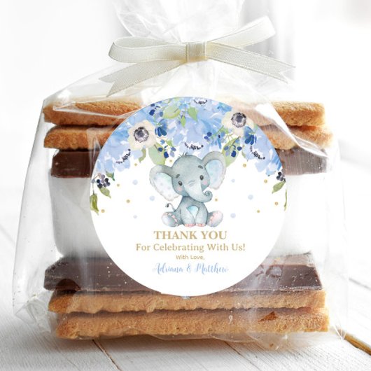 象のベイビーシャワー ブルー 花柄 感謝カード ラウンドシール