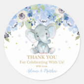 象のベイビーシャワー ブルー 花柄 感謝カード ラウンドシール (正面)