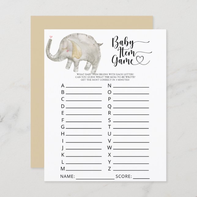 象のベビーアイテムのゲーム。赤ちゃんシャワーゲーム (正面/裏面)