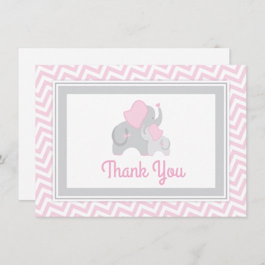 象のベビーシャワーのサンキューカードのピンクおよび灰色 サンキューカード (正面/裏面)