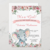 象のベビーシャワーの招待フローラ 招待状 (正面/裏面)
