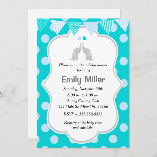 象のベビーシャワーの招待状のティール（緑がかった色）の青の双生児 招待状 (正面/裏面)