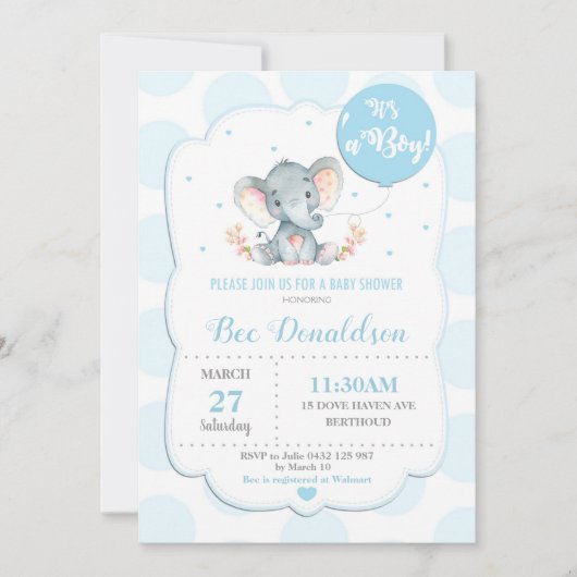 象のベビーシャワーの招待状の男の子の青の水玉模様 招待状 (正面)