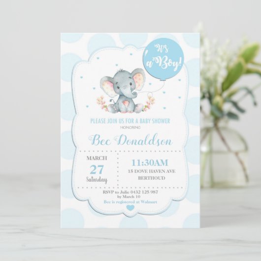 象のベビーシャワーの招待状の男の子の青の水玉模様 招待状 (スタンド正面)