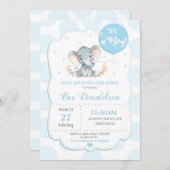 象のベビーシャワーの招待状の男の子の青の水玉模様 招待状 (正面/裏面)