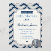 象のベビーシャワーの招待状の男の子の青シェブロン 招待状 (正面/裏面)