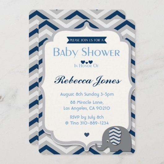 象のベビーシャワーの招待状の男の子の青シェブロン 招待状 (正面/裏面)